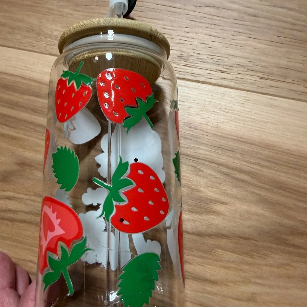 Strawberry Shortcake Glass Tumbler Kids Adults 16oz Clear Red Bamboo Lid Straw